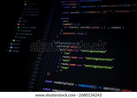 Close-up of TypeScript code on dark screen showing reactive functions with watch, onMounted, and route conditions, symbolizing modern web development, clean coding, and software engineering practices.
