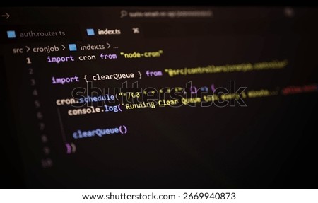 Close-up of TypeScript code using node-cron to automate task scheduling in a backend project. Ideal for DevOps, background job automation, and server-side task runners.