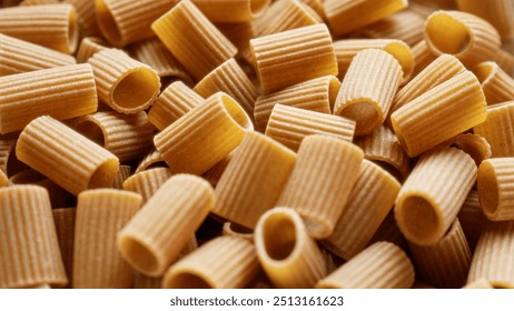 Close-up of uncooked pasta with a ribbed texture showcasing detailed patterns and shapes under natural lighting. - Powered by Shutterstock