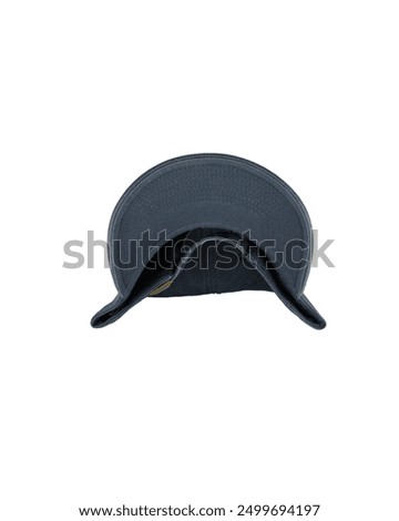 A close-up of the underside of a dark baseball cap, showcasing its curved brim and inner lining details.