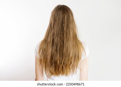 Closeup unhealthy messy hair isolated on white background. Woman problem hair-type back view. Spit ends dry over-brushing hairstyle. Beauty care concept - Shutterstock ID 2250498671