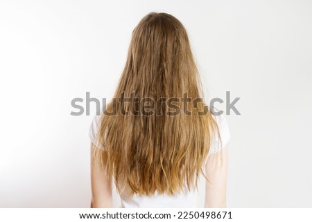 Closeup unhealthy messy hair isolated on white background. Woman problem hair-type back view. Spit ends dry over-brushing hairstyle. Beauty care concept