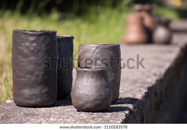 Closeup Unique Handmade Vases Black Ceramic Stock Photo Edit Now