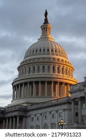 Closeup Of The United States Capitol Dome In Washington, DC, During Sunset. Selective Focus On The Dome.