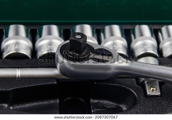 Close-up of\
universal tool kit for car\
repair