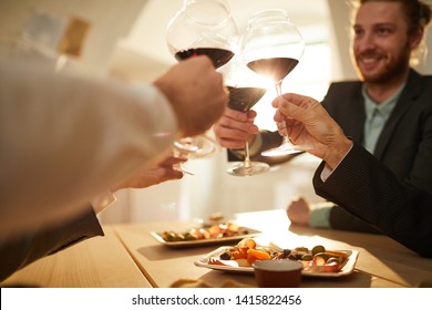 Closeup Of Unrecognizable Tourists Clinking Wine Glasses During Vineyard Tour, Copy Space