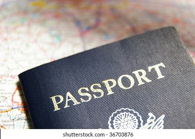 Closeup Of A US Passport On A Map