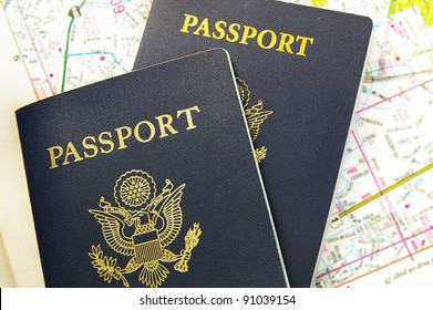 Closeup Of US Passports On A Map