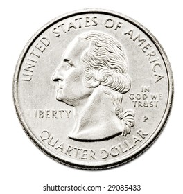 Close-up Of An Us Quarter Dollar Coin Isolated Over White