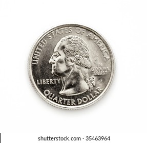 Close-up Of An Us Quarter Dollar Coin Isolated Over White