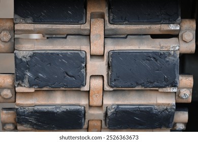 Close-up of used tank track links of the German Leopard II main battle tank
