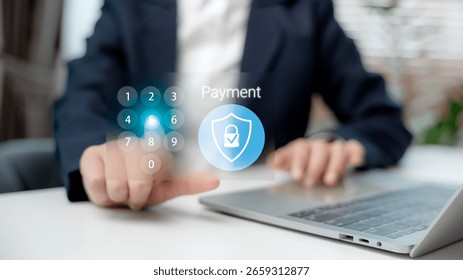 Close-up of user entering a PIN code on virtual keypad to confirm secure online payment. Concept of digital transaction, mobile banking, data protection, fintech UI, and cyber security.