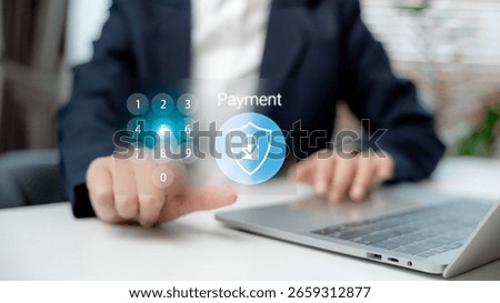 Close-up of user entering a PIN code on virtual keypad to confirm secure online payment. Concept of digital transaction, mobile banking, data protection, fintech UI, and cyber security.