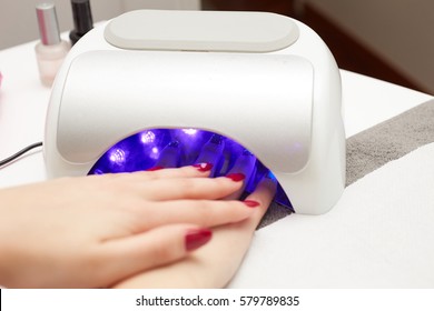 Closeup Of A Uv Lamp With A Female Hand Inside Fixing The Gel Nail Polish At The Beauty Salon