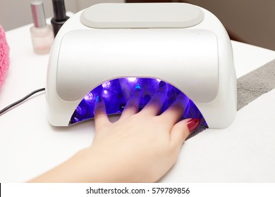 Closeup Of A Uv Lamp With A Female Hand Inside Fixing The Gel Nail Polish At The Beauty Salon