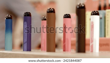 Close-up of varicoloured vapes devises with different tastes. Vaping industry is dynamic, with new products and terms constantly evolving. 3.11.2023 Beranovych 667, Prague, CZ