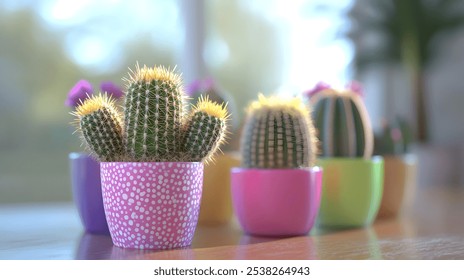 A close-up of a variety of cacti in colorful pots, set against a blurred background. - Powered by Shutterstock