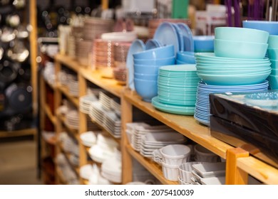 Closeup of variety dishes, bowls and other goods for kitchen at a decor store