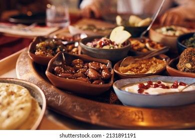 Close-up of variety of food during Iftar meal on Ramadan. - Shutterstock ID 2131891191