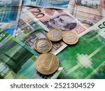 Close-up of various European currencies, showcasing a mix of banknotes and coins from different countries. The detailed image highlights the diverse designs, colors, and symbols of European money.