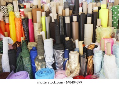Closeup Of Various Fabric Bolts In Store