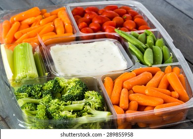 Closeup Of Vegetable Tray With Assorted Cut Vegetables And Dip.