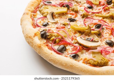 Close-up of a vegetarian pizza with mushrooms, olives, red onions, and broccoli on a white background. - Powered by Shutterstock