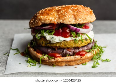 Close-Up Of Veggie Burger On A Piece Of Paper