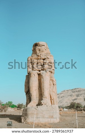 Close-up vertical view of the ancient colossal statue of Pharaoh Amenhotep III at the Colossi of Memnon site, Luxor, Egypt.