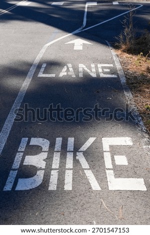 Close-up vertical view of a clearly marked bike lane on an asphalt road, featuring bold white text reading "BIKE" and "LANE" with a prominent upward arrow indicating the direction of travel. 
