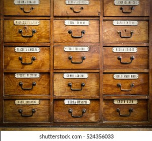 Close-up Of A Very Old Apothecary Cabinet.