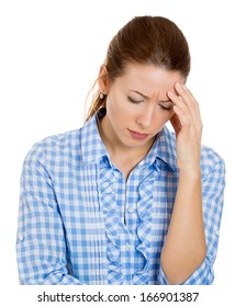 Closeup Of Very Sad Person, Low In Energy, Having Difficult Times In Her Life, Concerned About Future, Isolated On White Background. Emotions, Facial Expressions, Feelings. Mental Health, Productivity