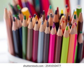 Close-Up of Vibrant Collection of Colorful Colored Pencils in a pen holder. Creative Art. Colourful assortment of sharpened colored pencils for art projects, drawing, and creativity. Artist's studio - Powered by Shutterstock