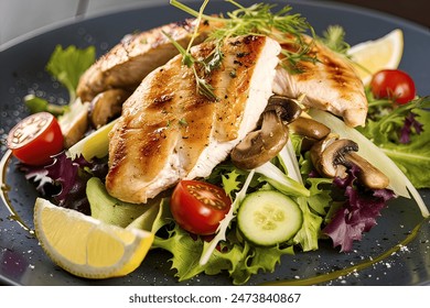 close-up of a vibrant, healthy salad, featuring grilled chicken breasts atop a bed of fresh, colorful vegetabl - Powered by Shutterstock