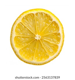 Close-up of a vibrant lemon slice with water droplets isolated on White Background