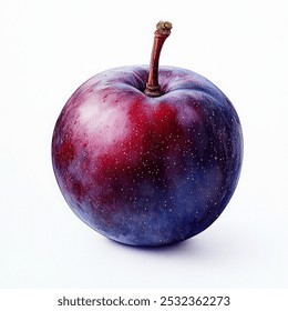 A close-up of a vibrant purple plum on a white background.