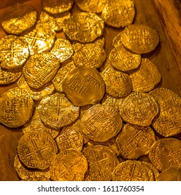 Closeup view of the 17th century Spanish gold coins