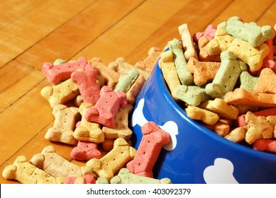 A closeup view of an abundant supply of dog treats overflowing his bowl on the hardwood floor of his domestic lifestyle.