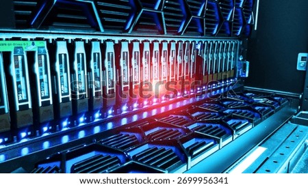 A close-up view of advanced server technology featuring illuminated components. This image highlights the efficiency and design of modern data storage systems.