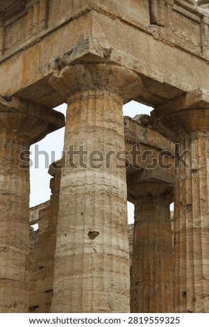 Close-up view of ancient Doric columns, Paestum, Italy