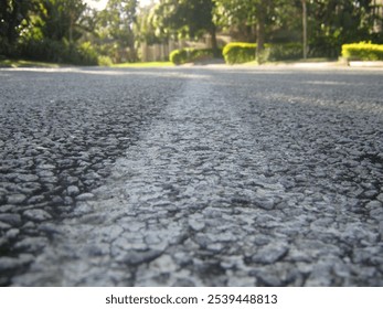 A close-up view of an asphalt road with a faded white line in the center, showing detailed texture. The background features greenery and trees, slightly blurred, under natural daylight. - Powered by Shutterstock