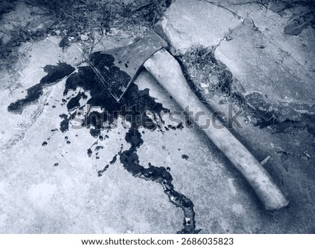 Closeup view attack heavy hard hit male human worker hand victim lay grass land crack stone rock floor. Evil anger fear creepy close up dirt red bleed splatter drip spot man body arm farm life scene