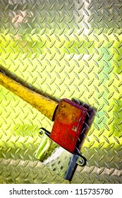 Close-up View Of Axe Attached To The Back Passenger Cab Of Fire Truck.