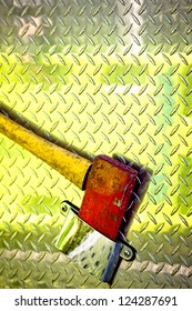 Close-up View Of Axe Attached To The Back Passenger Cab Of Fire Truck.