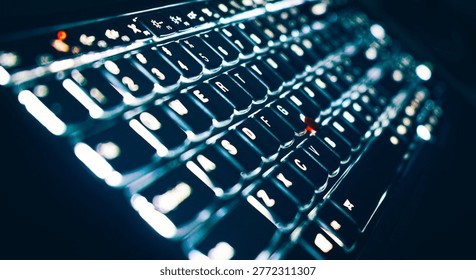 A close-up view of a backlit computer keyboard illuminated with bright white light in a dark setting, featuring a distinctive red trackpoint. Glowing keys, technology hardware, red pointing stick, computer typing, night workplace. Modern style, dark office environment, low-angle perspective view.