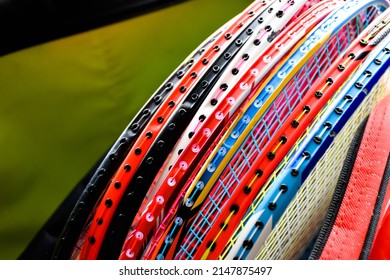 Closeup View Of Badminton Rackets Which Are In The Badminton's Bag, Soft And Selective Focus On String.