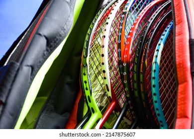 Closeup View Of Badminton Rackets Which Are In The Badminton's Bag, Soft And Selective Focus On String.