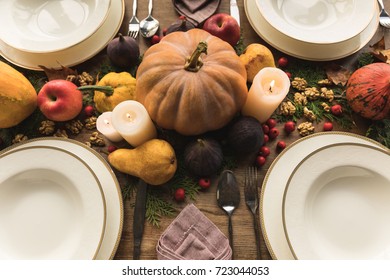 Close-up View Of Beautiful Autumn Decor And Cutlery On Table Served For Thanksgiving Dinner