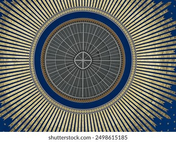 A close-up view of a beautifully designed dome ceiling, featuring a radiant sunburst pattern with golden rays emanating from the center, intricate mosaics, and geometric details, symbolizing divine. - Powered by Shutterstock