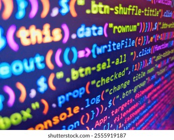 Closeup view of binary computer code with pink 1s and 0s displayed on a blue screen with focus blur effect. Business graph background. Neural network generated image. Mobile app. Encrypted data.
